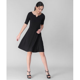 Vivient Women Black V-Cut Plain Midi Hosery Dress
