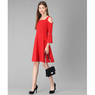 Vivient Women Red Cold Shoulder Plain Midi Hosery Dress
