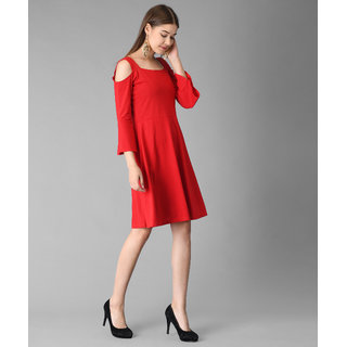 Vivient Women Red Cold Shoulder Plain Midi Hosery Dress