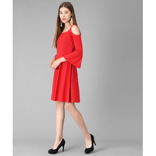 Vivient Women Red Cold Shoulder Plain Midi Hosery Dress