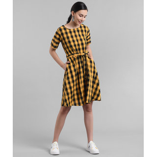 Vivient Women Yellow Check Printed Short Dress