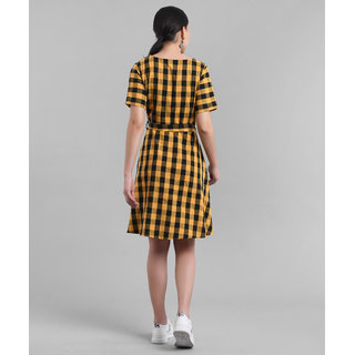 Vivient Women Yellow Check Printed Short Dress