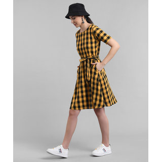 Vivient Women Yellow Check Printed Short Dress