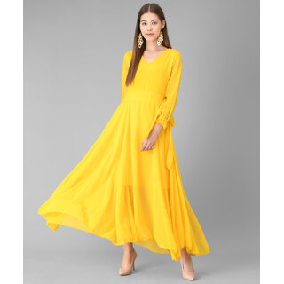 Vivient Women Yellow V-Neck Georgette Plain Maxi Dress