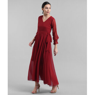 Vivient Women Maroon V-Neck Georgette Plain Maxi Dress