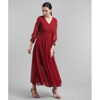 Vivient Women Maroon V-Neck Georgette Plain Maxi Dress