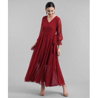 Vivient Women Maroon V-Neck Georgette Plain Maxi Dress