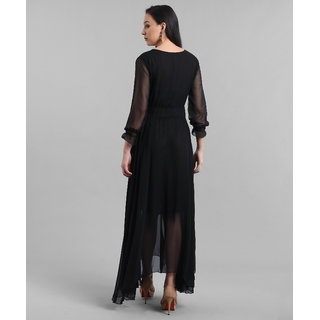 Vivient Women Black V-Neck Georgette Plain Maxi Dress