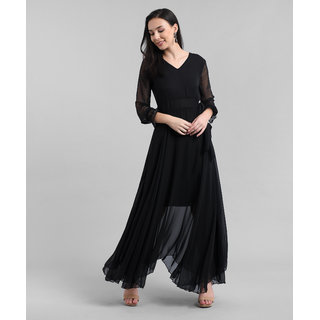 Vivient Women Black V-Neck Georgette Plain Maxi Dress
