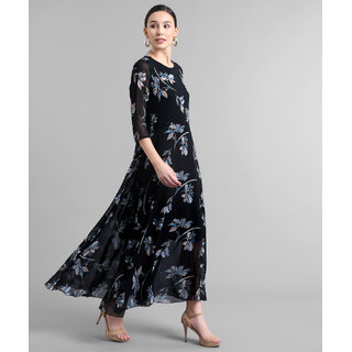 Vivient Women Black Base White Floral Printed Georgette Maxi Dress
