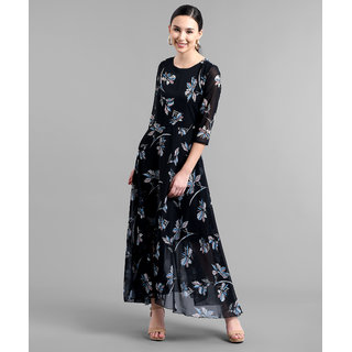 Vivient Women Black Base White Floral Printed Georgette Maxi Dress
