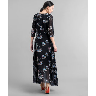 Vivient Women Black Base White Floral Printed Georgette Maxi Dress