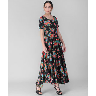 Vivient Women Black Base Red Big Floral Printed Crepe Dress