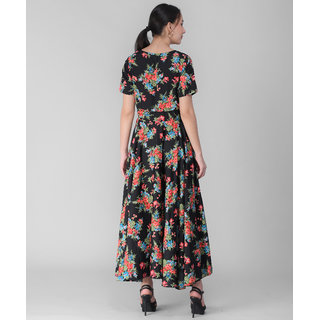 Vivient Women Black Base Red Big Floral Printed Crepe Dress