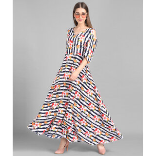 Vivient Women Black White Stripe Floral Printed Crepe Maxi Dress
