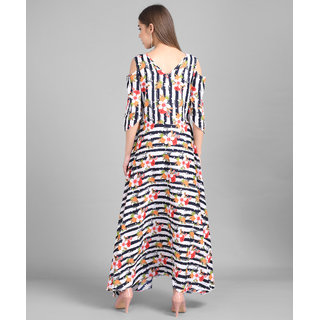 Vivient Women Black White Stripe Floral Printed Crepe Maxi Dress