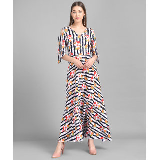 Vivient Women Black White Stripe Floral Printed Crepe Maxi Dress