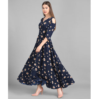Vivient Women Nevy Blue Small Floral Printed Crepe Maxi Dress