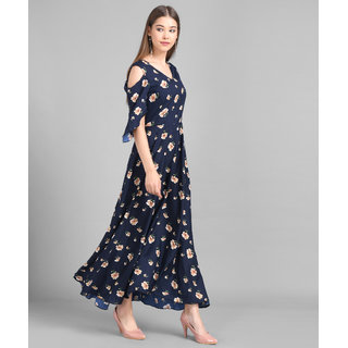 Vivient Women Nevy Blue Small Floral Printed Crepe Maxi Dress