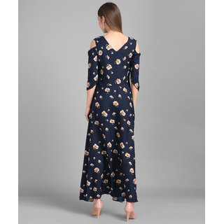 Vivient Women Nevy Blue Small Floral Printed Crepe Maxi Dress