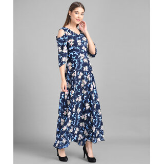 Vivient  Women Nevy Blue Big Floral Printed Crepe Maxi Dress