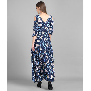 Vivient  Women Nevy Blue Big Floral Printed Crepe Maxi Dress