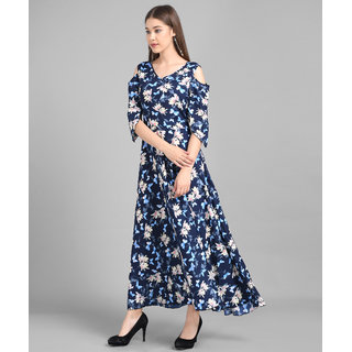 Vivient  Women Nevy Blue Big Floral Printed Crepe Maxi Dress