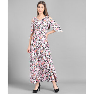 Vivient Women White Base Multi Floral Printed crepe Maxi Dress
