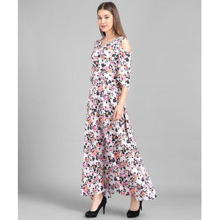 Vivient Women White Base Multi Floral Printed crepe Maxi Dress