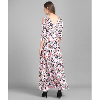 Vivient Women White Base Multi Floral Printed crepe Maxi Dress