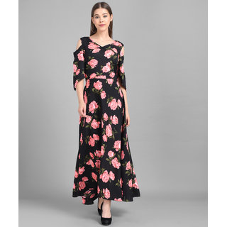Vivient Women Black Base Pink Big Rose Printed Crepe Dress