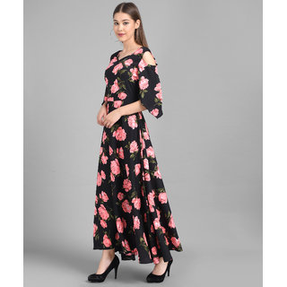 Vivient Women Black Base Pink Big Rose Printed Crepe Dress