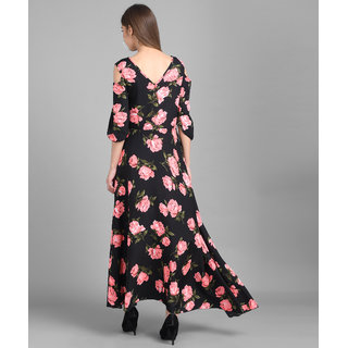 Vivient Women Black Base Pink Big Rose Printed Crepe Dress