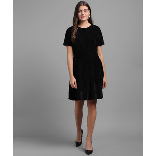 Vivient Black Plain Velvet Round Neck Midi Dress For Women