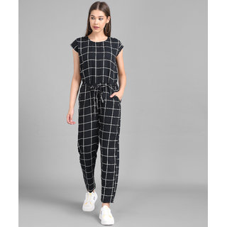 Vivient Women Black Check Front Knot Printed Jumpsuits