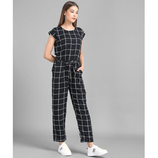 Vivient Women Black Check Front Knot Printed Jumpsuits