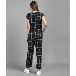 Vivient Women Black Check Front Knot Printed Jumpsuits