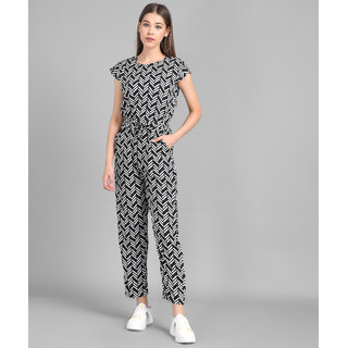 Vivient Women Black Line Printed Front Knot Jumpsuits