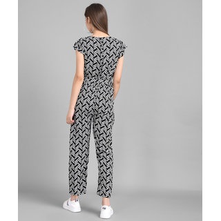Vivient Women Black Line Printed Front Knot Jumpsuits