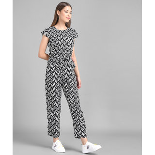 Vivient Women Black Line Printed Front Knot Jumpsuits