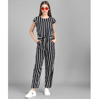 Vivient Women Black Big Stripe Printed Front Knot Jumpsuits
