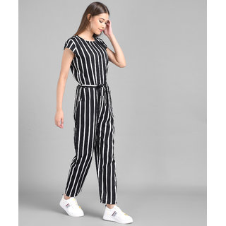 Vivient Women Black Big Stripe Printed Front Knot Jumpsuits