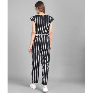 Vivient Women Black Big Stripe Printed Front Knot Jumpsuits