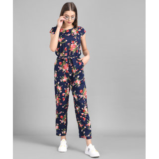 Vivient Women Nevy Blue Flower Printed Front Knot Jumpsuits