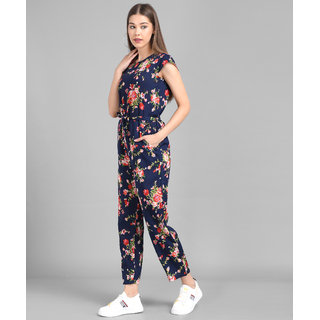 Vivient Women Nevy Blue Flower Printed Front Knot Jumpsuits