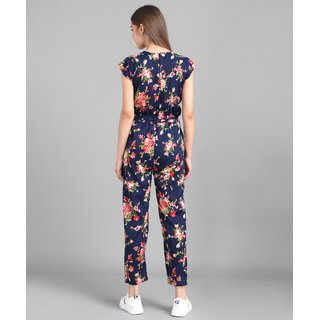 Vivient Women Nevy Blue Flower Printed Front Knot Jumpsuits