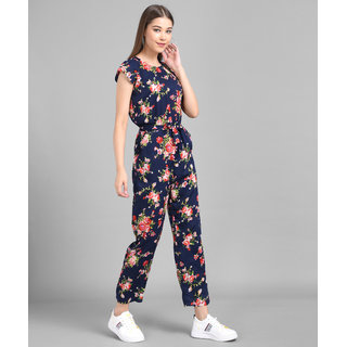 Vivient Women Nevy Blue Flower Printed Front Knot Jumpsuits