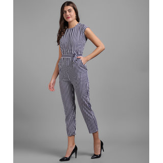 Vivient Women Nevy Blue Small Stripe Printed Front Knot Jumpsuits