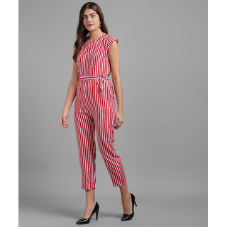 Vivient Women Red Stripe Printed Front Knot Jumpsuits
