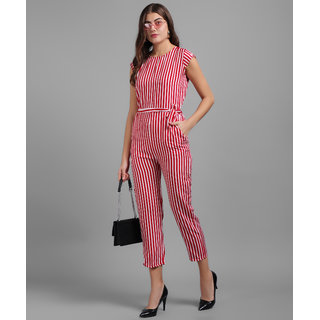 Vivient Women Red Stripe Printed Front Knot Jumpsuits
